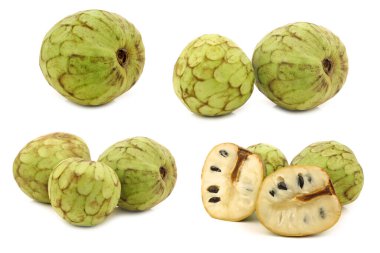 taze Cherimoya meyvesi (Annona cherimola) ve beyaz arka planda kesilmiş bir meyve.