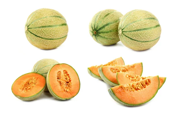 Fresh Cantaloupe Melon Some Cut Ones White Background — Stockfoto