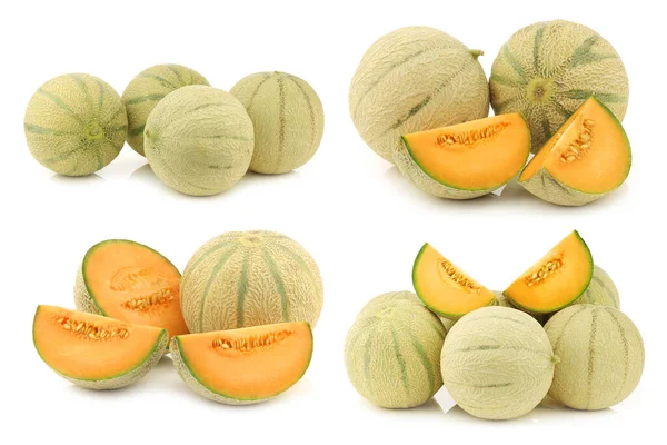 Fresh Cantaloupe Melon Some Cut Ones White Background — Stock Photo, Image