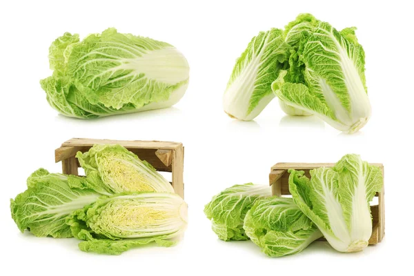 Fresh Chinese Cabbage Cut One Wooden Crate White Background — Stockfoto