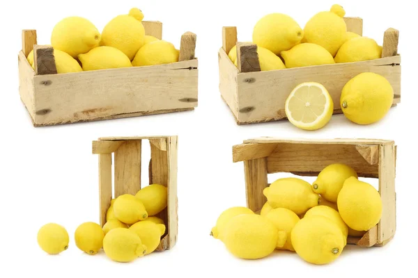 Fresh Lemons Cut Half Wooden Crate White Background — Stock Photo, Image