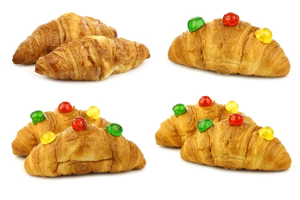 Pão Croissant Recém Assado Alguns Com Frutas Coloridas Conservadas Fundo — Fotografia de Stock