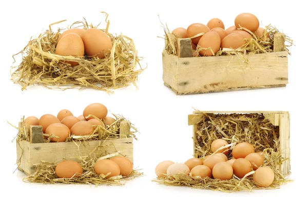 Bunch Fresh Brown Eggs Some Straw Wooden Crate White Background — Stock Photo, Image