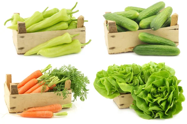 在白色背景的木制板条箱中烹调新鲜蔬菜 — 图库照片