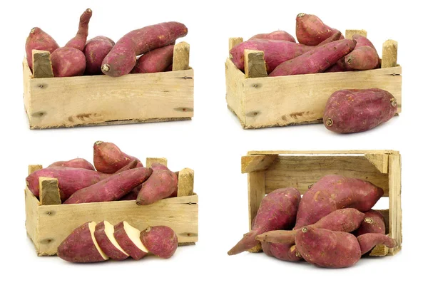 Batatas Doces Recém Colhidas Corte Uma Caixa Madeira Fundo Branco — Fotografia de Stock