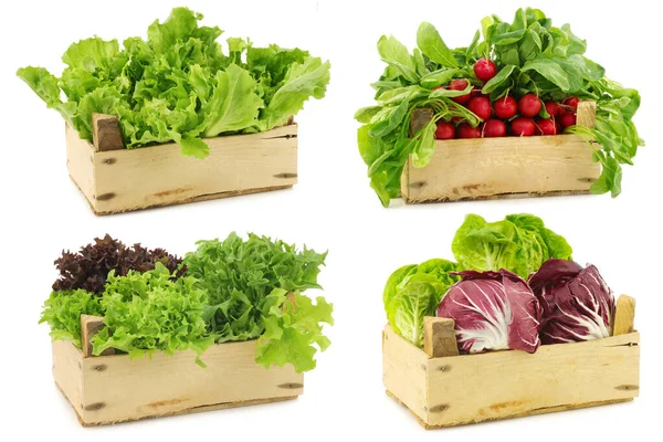 Verse Saladegroenten Een Houten Krat Een Witte Achtergrond — Stockfoto