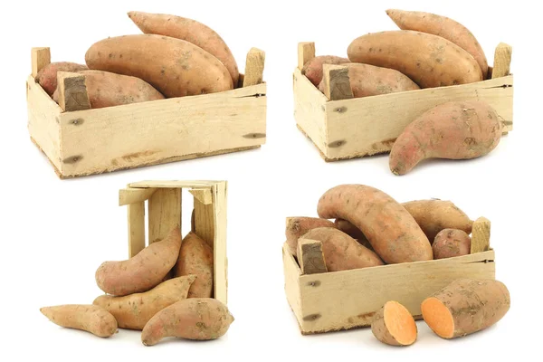 Batatas Doces Corte Uma Caixa Madeira Fundo Branco — Fotografia de Stock