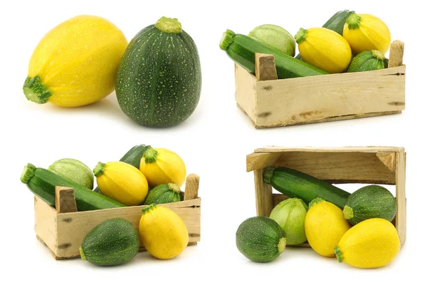 Yellow Green Zucchini Cucurbita Pepo Wooden Crate White Background — Stock Photo, Image