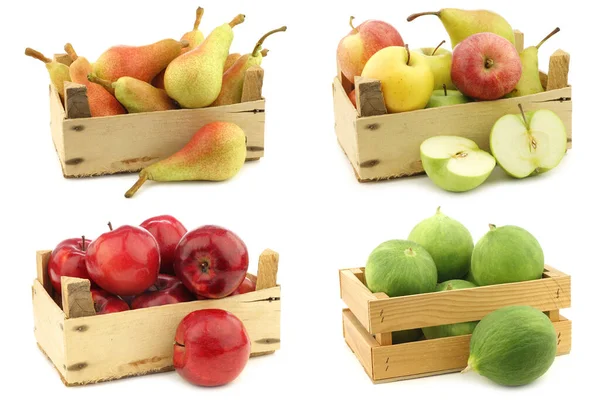 白色背景的木制板条箱中新鲜水果品种 — 图库照片