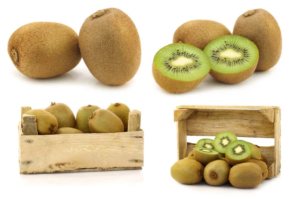 Grön Kiwi Frukt Och Några Skurna Trälåda Vit Bakgrund — Stockfoto