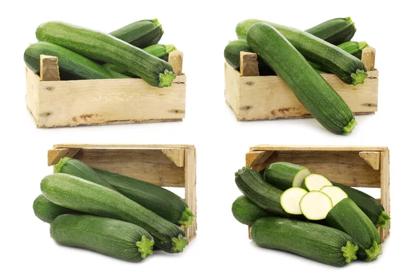 Fresh Zucchini Cucurbita Pepo Wooden Box White Background — Stock Photo, Image