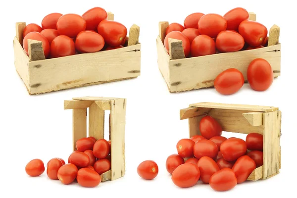 Świeże Kolorowe Włoskie Pomidory Rzymskie Drewnianej Skrzyni Białym Tle — Zdjęcie stockowe