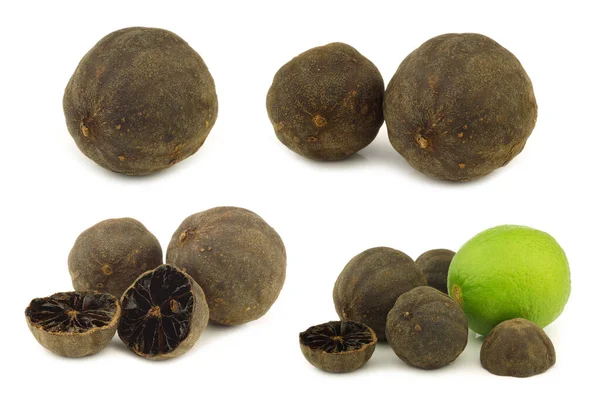 Szárított Fekete Lime Gyümölcs Néhány Vágott Egy Friss Fehér Alapon — Stock Fotó