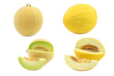 Taze ballı kavun, kavun ve beyaz arka planda bazı parçalar.
