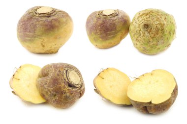 Taze şalgam (brassica rapa rapa) ve beyaz arka planda kesilmiş olanlar