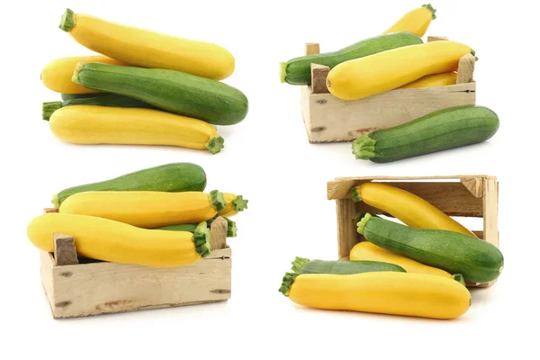 Mixed Yellow Green Zucchini Wooden Crate White Background — Stock Photo, Image