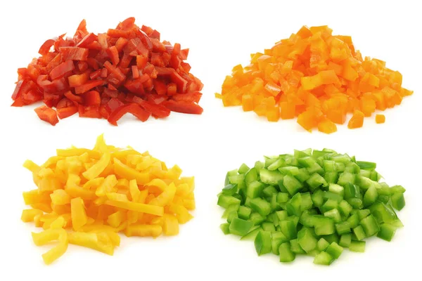 Red Orange Yellow Green Brunoise Cut Blocks Bell Pepper White — 스톡 사진