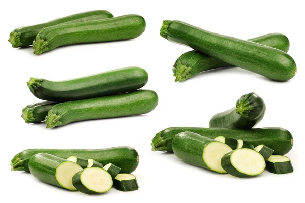 Sommige Hele Sommige Gesneden Courgette Cucurbita Pepo Een Witte Achtergrond — Stockfoto