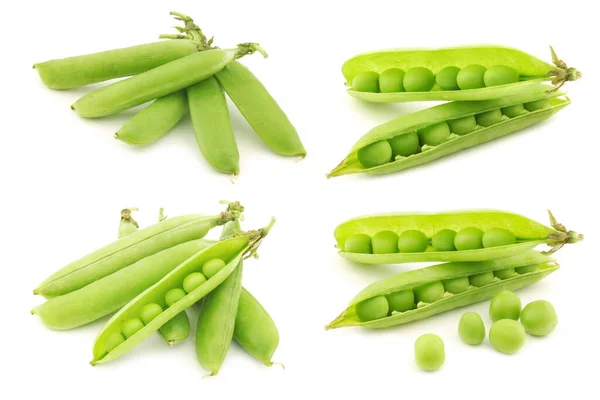 Green Pea Pods Some Peas Visible White Background — Stock Photo, Image