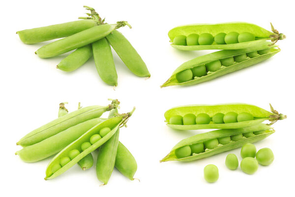 Green pea pods with some peas visible on a white background