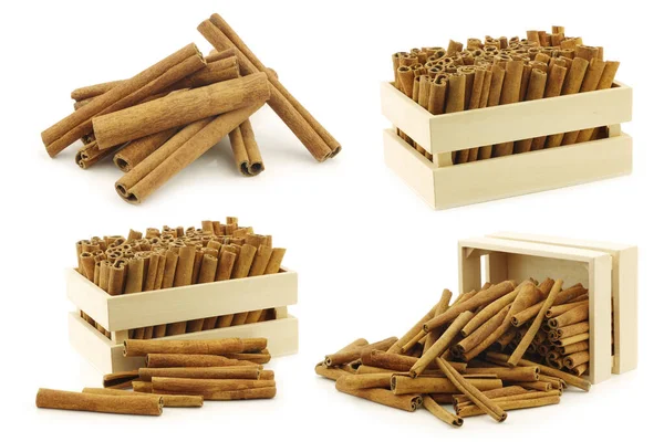 Dried Cinnamon Sticks Some Wooden Box White Background — Stock Photo, Image