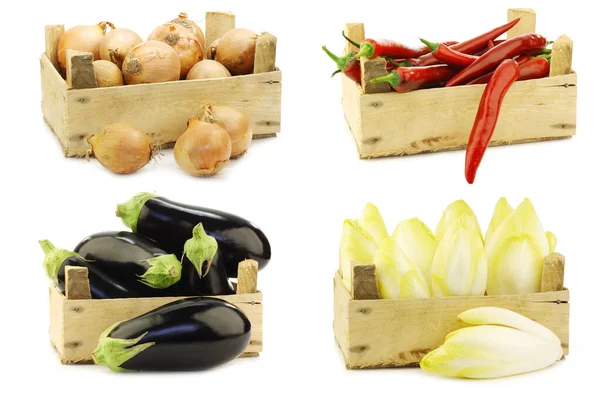 Verduras Recién Cosechadas Para Cocinar Cajas Madera Sobre Fondo Blanco —  Fotos de Stock