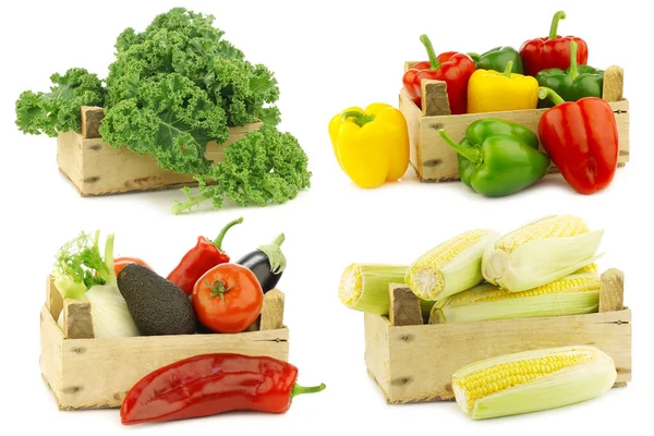 Freshly Harvested Cooking Vegetables Wooden Crate White Background — Stock Photo, Image