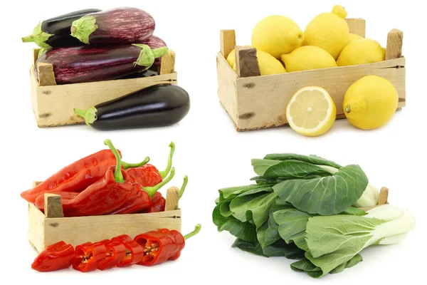Verduras Recién Cosechadas Para Cocinar Cajas Madera Sobre Fondo Blanco —  Fotos de Stock