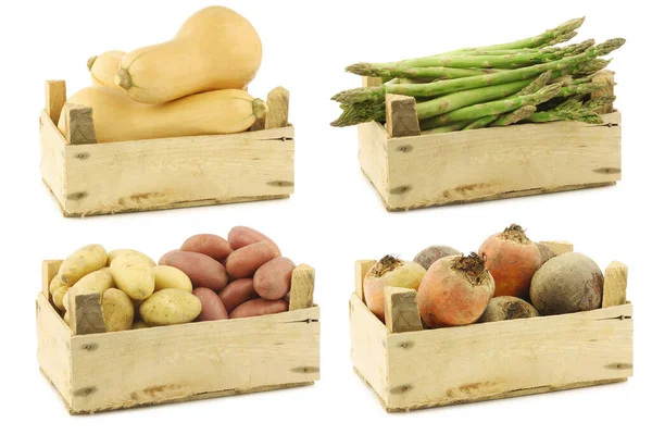 Assorted Cooking Vegetables Wooden Crate White Background — Stock Photo, Image