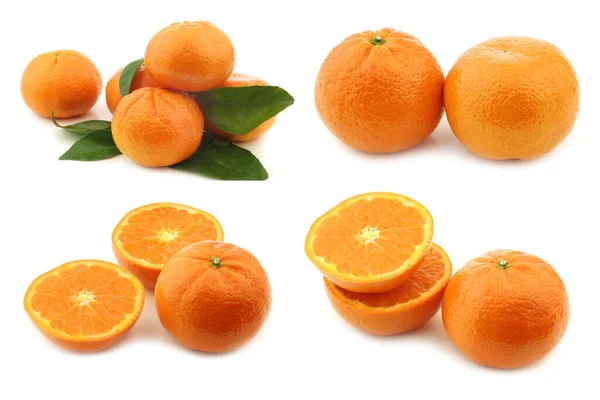 Fresh Tangerines Some Leaves Few Cut Ones White Background — Stock Photo, Image