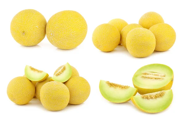 Melons Galia Frais Certains Coupés Sur Fond Blanc — Photo