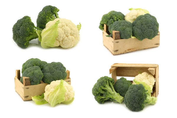 Fresh Cauliflower Broccoli Some Wooden Crate White Background — Stock Photo, Image