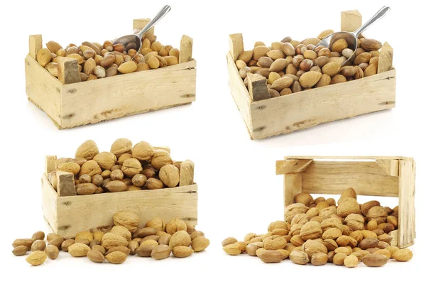 Rozmanité Ořechy Dřevěné Krabici Některé Hliníkovou Kopečkou Bílém Pozadí — Stock fotografie