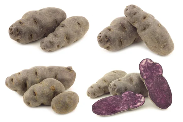 紫色松露土豆和白色背景的切碎的土豆 — 图库照片