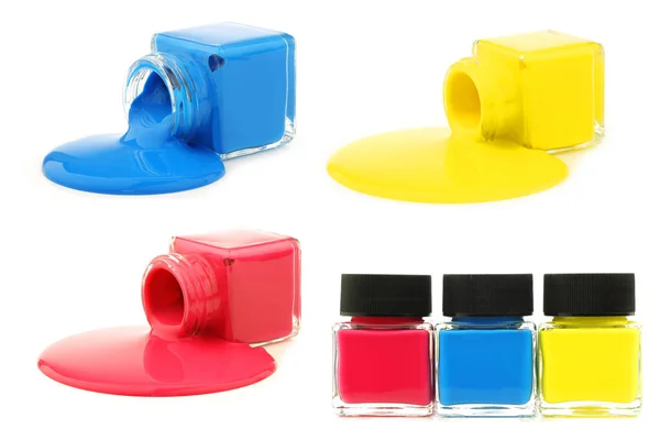 Primary Colors Paint Small Bottles White Background — Stock Photo, Image