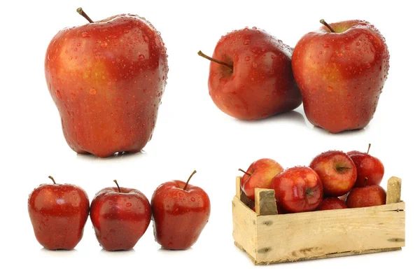 Manzanas Rojas Frescas Deliciosas Ambrosia Algunas Una Caja Madera Sobre —  Fotos de Stock