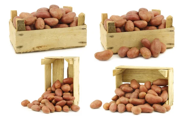 Kleine Rote Kartoffeln Einer Holzkiste Auf Weißem Hintergrund — Stockfoto