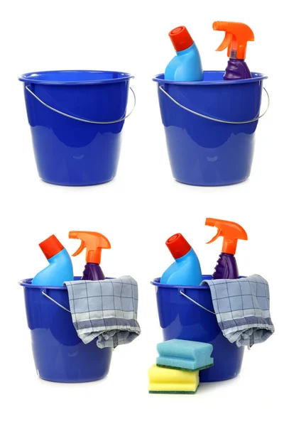 Cubo Plástico Azul Para Hogar Con Dos Botellas Limpieza Una — Foto de Stock