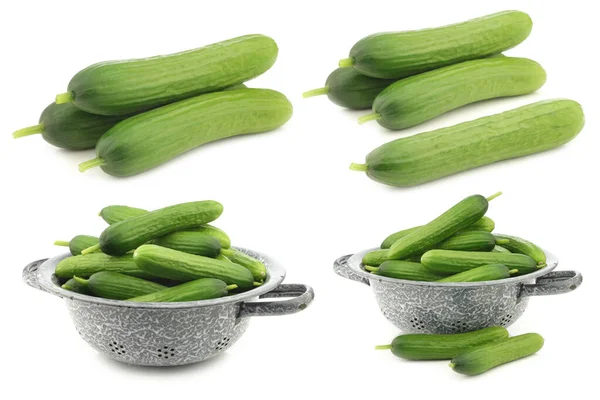 Frische Grüne Snack Gurken Und Einige Einem Emaille Sieb Auf — Stockfoto