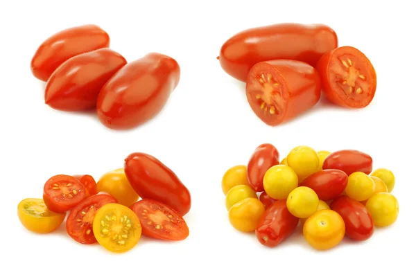 Racimo Tomates Rojos Amarillos Mezclados Algunas Mitades Sobre Fondo Blanco — Foto de Stock