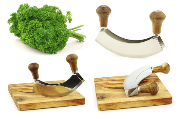 Modern Herb Cutter Wiegemes Wooden Handles Wooden Cutting Board Some — Stock Photo, Image