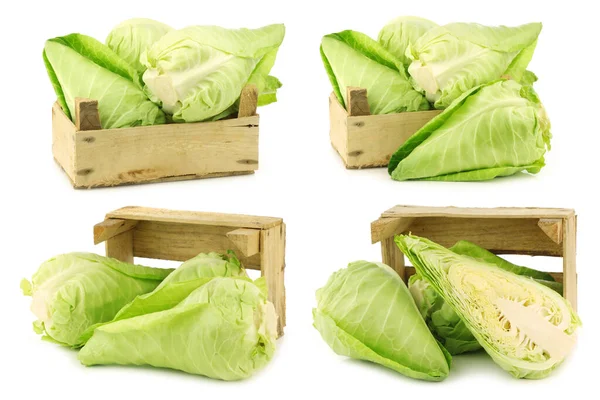 白色背景的木制板条箱中新鲜的绿色尖卷心菜 — 图库照片