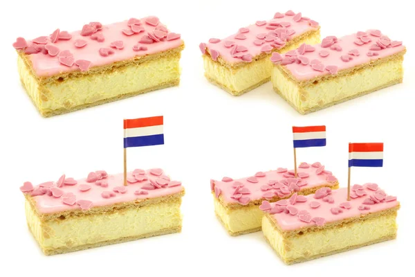 Pâtisserie Traditionnelle Néerlandaise Appelée Tompouce Avec Glaçage Rose Cœurs Bonbons — Photo