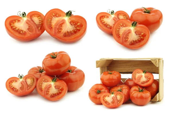 Frische Fleischtomaten Und Einige Einer Holzkiste Auf Weißem Hintergrund — Stockfoto