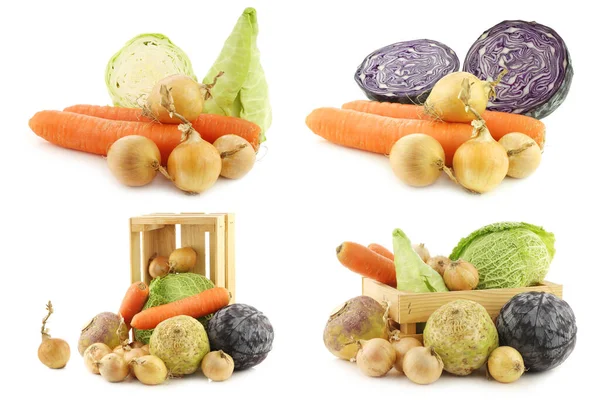 Colección Muchas Verduras Frescas Invierno Algunas Una Caja Madera Sobre — Foto de Stock