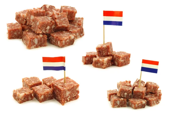 Pieces Traditional Dutch Sausage Called Boerenmetworst Some Dutch Flag Toothpick — Stock Photo, Image