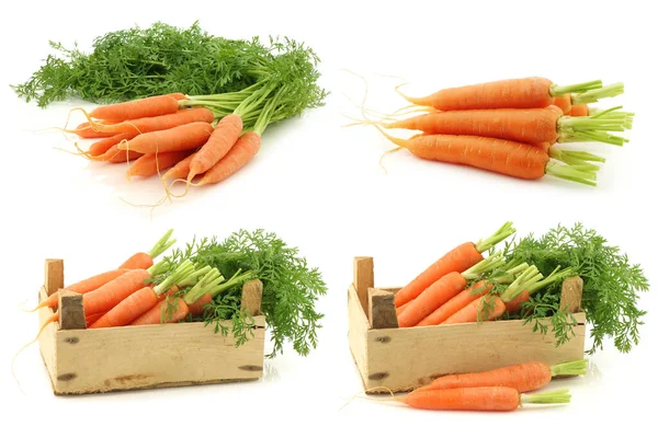 Свежесобранная Морковь Некоторые Деревянном Ящике Белом Фоне — стоковое фото
