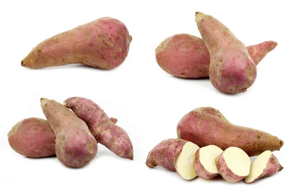 Frisch Geerntete Süßkartoffeln Und Ein Paar Scheiben Auf Weißem Hintergrund — Stockfoto