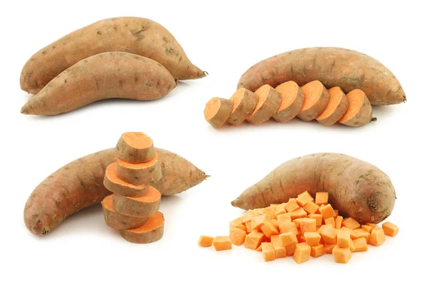 Ganze Süßkartoffeln Und Geschnittene Blöcke Und Scheiben Auf Weißem Hintergrund — Stockfoto