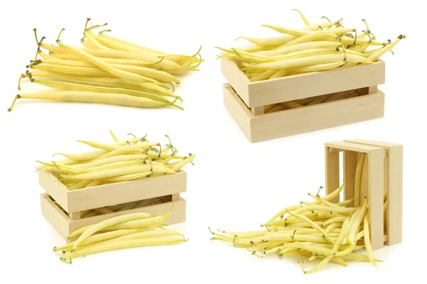 Yellow Wax Beans Phaseolus Vulgaris Bunch Wooden Box White Background 로열티 프리 스톡 이미지